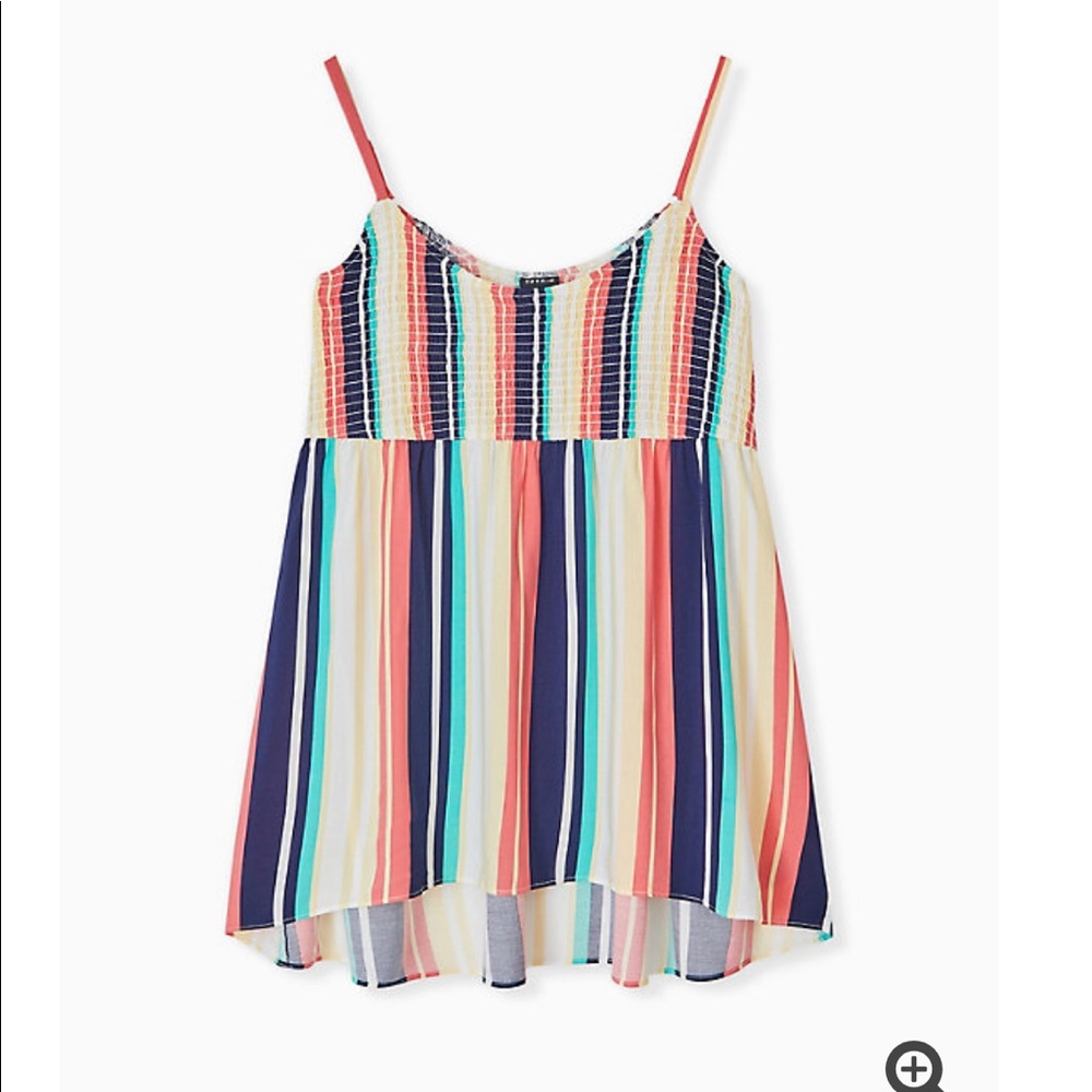 MULTI STRIPE CHALLIS SMOCKED BABYDOLL TUNIC CAMI